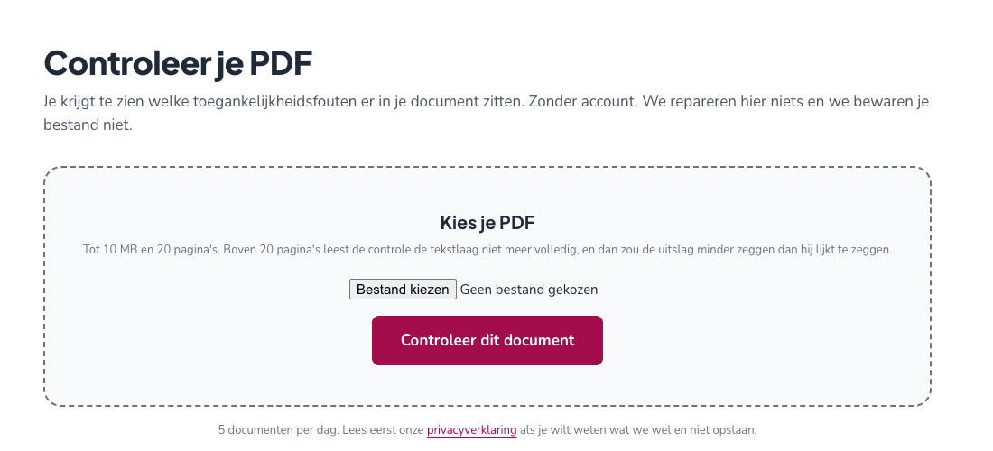 Het scherm Controleer je PDF, met een vak om een PDF te kiezen en de knop Controleer dit document.