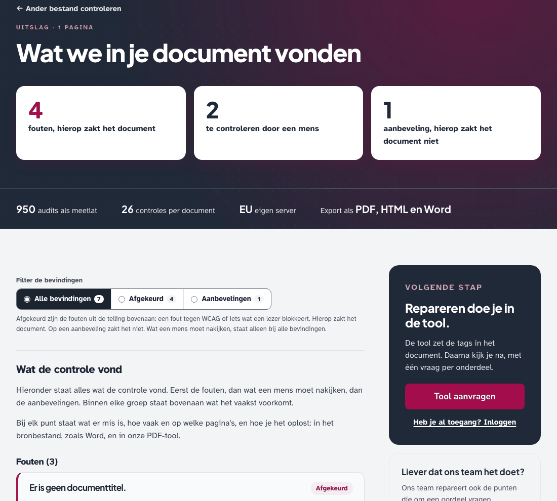 De uitslag van een controle: bovenaan het aantal fouten, punten om te controleren en aanbevelingen. Daaronder het filter op afgekeurd en aanbevelingen, en het eerste punt: er is geen documenttitel.