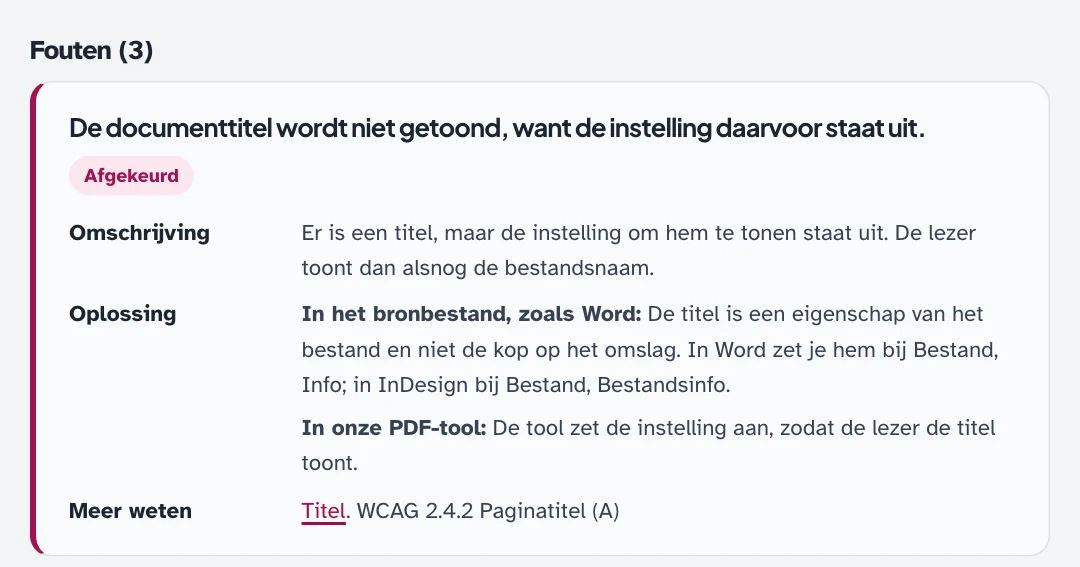 Een fout uit de uitslag van de controle: de documenttitel wordt niet getoond, want de instelling daarvoor staat uit. Daaronder staat wat dat voor de lezer betekent, hoe je het oplost in Word, in InDesign of in onze PDF-tool, en een link naar het onderwerp Titel.